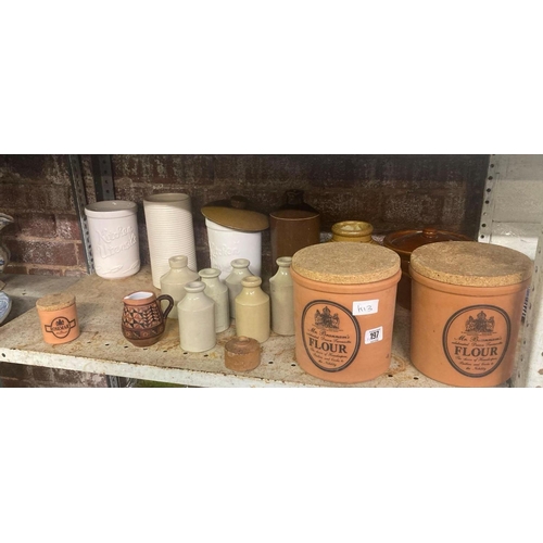 197 - SHELF OF STONEWARE BOTTLES & CONTAINERS & TERRACOTTA POTS