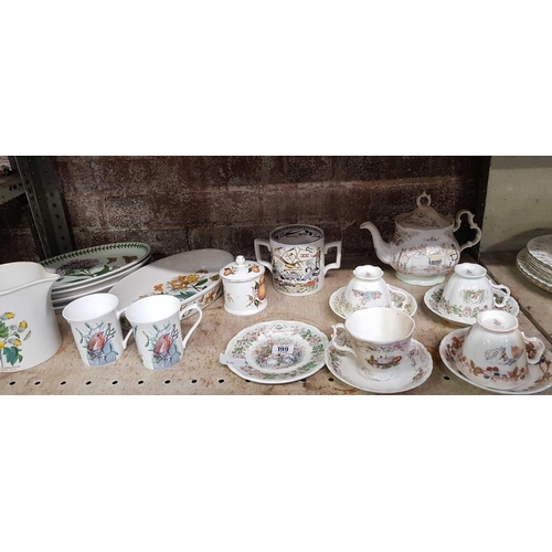 199 - SHELF WITH MISC PORTMEIRION DISHES & A QTY OF ROYAL DOULTON CUPS & SAUCERS FROM THE BRAMLEY HEDGE GI... 