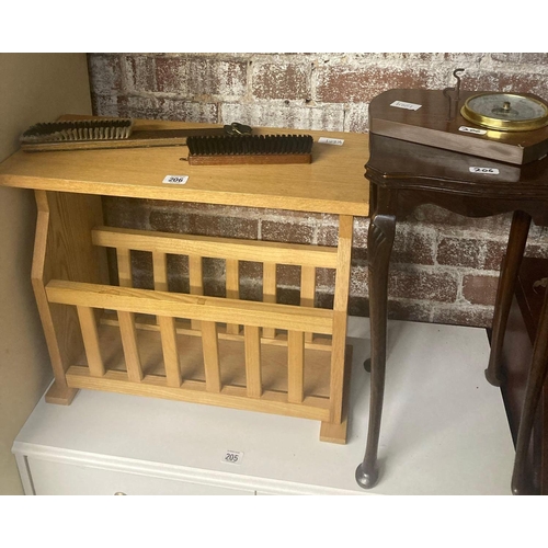 206 - PINE OR BEACH MAGAZINE RACK, SMALL WINE TABLE & A BRUSH SET & BAROMETER