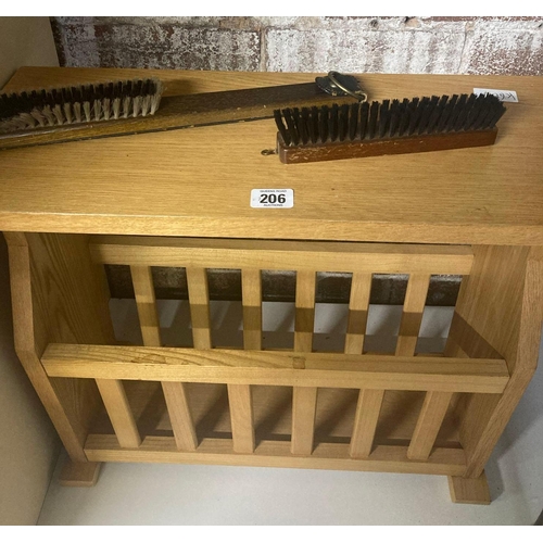 206 - PINE OR BEACH MAGAZINE RACK, SMALL WINE TABLE & A BRUSH SET & BAROMETER