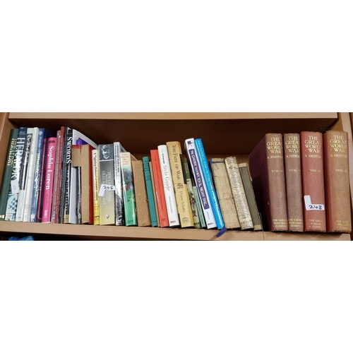 248 - 4 SHELVES OF MIXED PAPER BACK & HARDBACK BOOKS, SOME FOLDERS OF THE HISTORY OF THE FIRST WORLD WAR