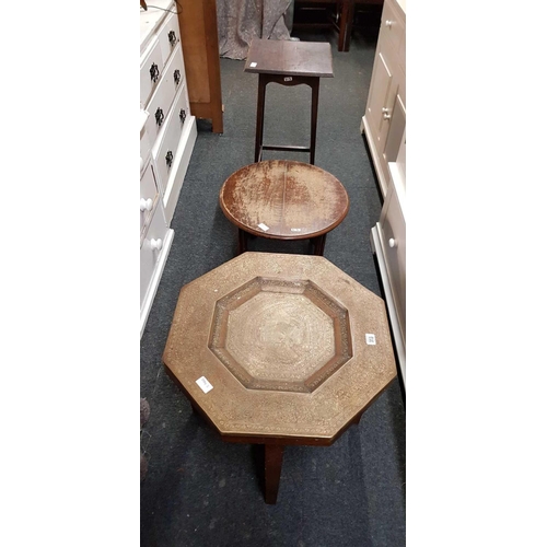 313 - HEXAGONAL INDIAN BRASS DROP TABLE WITH OAK PLANT STAND & OAK TABLE