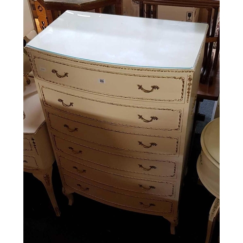 319 - FRENCH LOUIS STYLE CHEST OF DRAWERS, DRESSING CHEST & HEADBOARD WITH BEDSIDE CABINETS