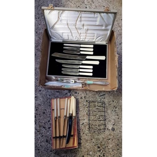 32 - CARTON WITH MISC CUTLERY & A TOAST RACK