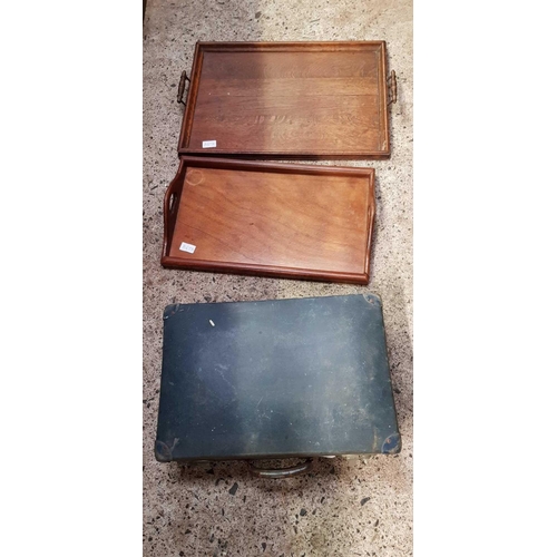 41 - 2 WOODEN TRAY & A SMALL VINTAGE SUITCASE