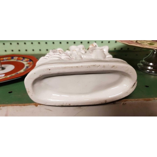 416 - SHELF OF CHINAWARE INCL; CAKE DISHES, FLAT BACK FIGURE ETC