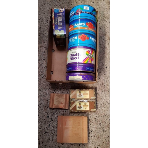 45 - CARTON WITH VINTAGE CHOCOLATE TINS & WOODEN CIGAR BOXES