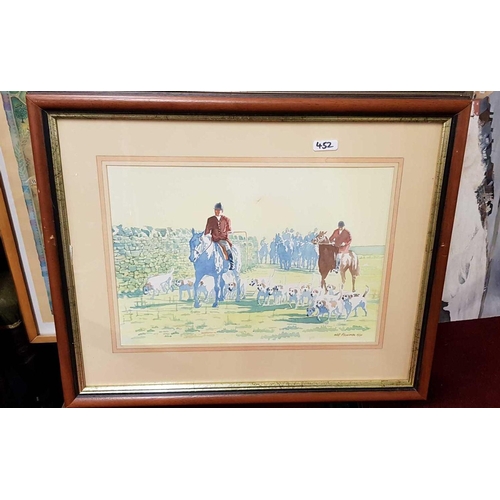 452 - 3 WATERCOLOURS, 1 OF A HUNTING SCENE BY WILF PLOUGHMAN, A WATERCOLOUR 'QUIET WAVES' BY BEATRICE BOLL... 