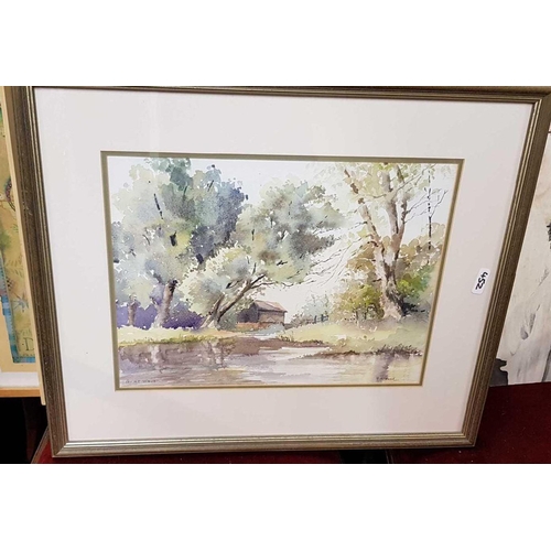 452 - 3 WATERCOLOURS, 1 OF A HUNTING SCENE BY WILF PLOUGHMAN, A WATERCOLOUR 'QUIET WAVES' BY BEATRICE BOLL... 