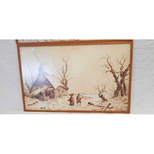 504 - PAIR OF MID 19THC WATERCOLOURS OF SNOW SCENES WITH FIGURES CARRYING FIREWOOD, SIGNED LOWER RIGHT, 14... 