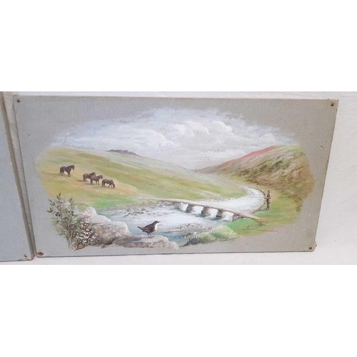 506 - TWO UNFRAMED WATERCOLOUR PANELS; ONE MOORLAND SCENE WITH A FIGURE FISHING BY A CLAPPER BRIDGE WITH P... 