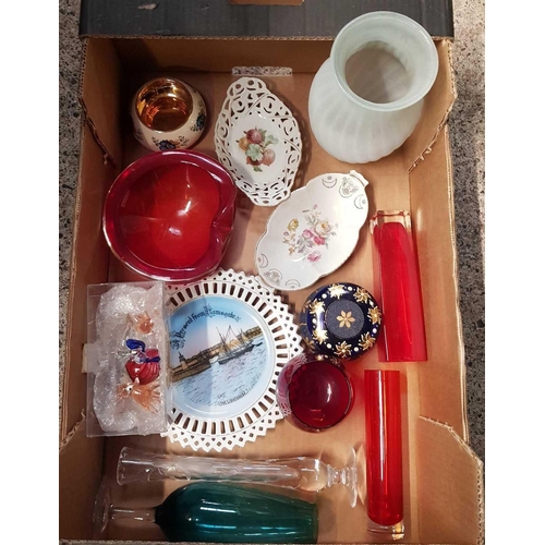 54 - CARTON WITH MISC CHINA & RED GLASS ITEMS & CHINA DISHES