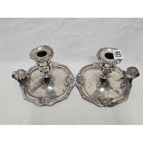 603 - PAIR OF SHEFFIELD PLATE CANDLESTICKS