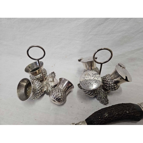 607 - PAIR OF HORN SERVERS & 2 SCOTTISH CRUETS