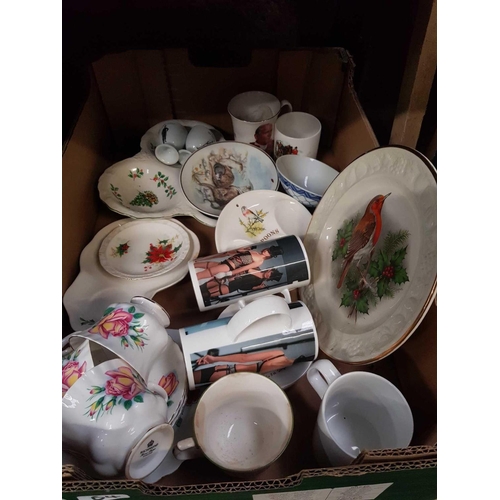 64 - 2 CARTONS OF MISC PLATES, CUPS & SAUCERS & CHINA MUGS