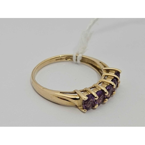 649 - 9ct AMETHYST FIVE STONE RING, 1.9g