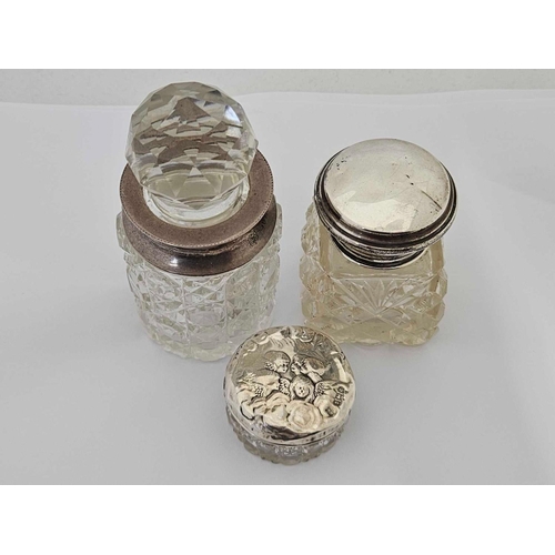 663 - 2 SILVER TOP JARS & MOUNTED SCENT BOTTLE