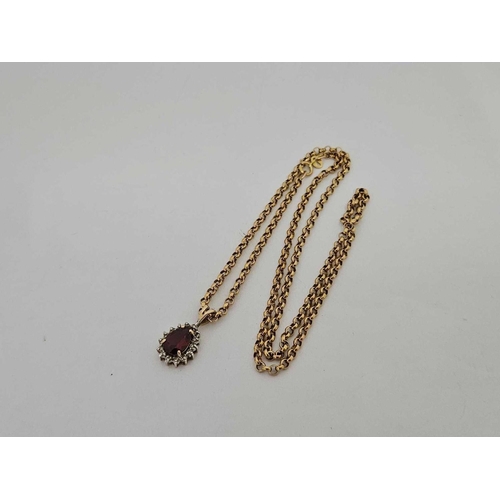 690 - A GARNET & DIAMOND PEAR SHAPED PENDANT ON 9ct NECK CHAIN, 3.9g