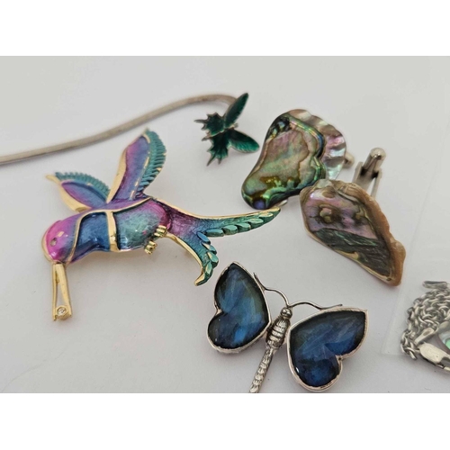 705 - ENAMEL BIRD BROOCH, SILVER ENAMEL BUTTERFLY BOOKMARK, SILVER BUTTERFLY BROOCH & ABALONE SILVER CUFF ... 