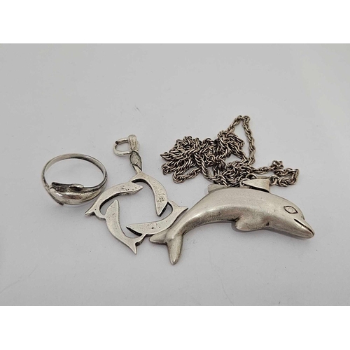 706 - SILVER DOLPHIN PENDANT NECKLACE, PAIR SILVER DOLPHIN EARRINGS & DOLPHIN SILVER RING