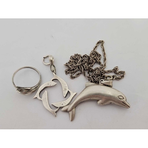 706 - SILVER DOLPHIN PENDANT NECKLACE, PAIR SILVER DOLPHIN EARRINGS & DOLPHIN SILVER RING