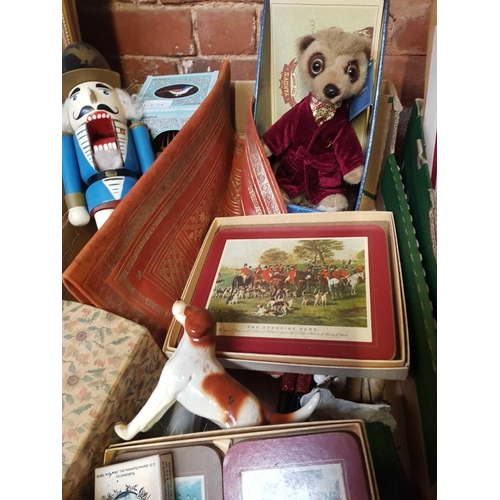 78 - 2 CARTONS WITH MISC GLASSES, PLACE MATS, COLLECTORS PLATES, A MEERKAT  & OTHER BRIC-A-BRAC