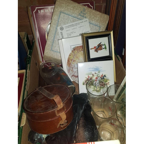 78 - 2 CARTONS WITH MISC GLASSES, PLACE MATS, COLLECTORS PLATES, A MEERKAT  & OTHER BRIC-A-BRAC