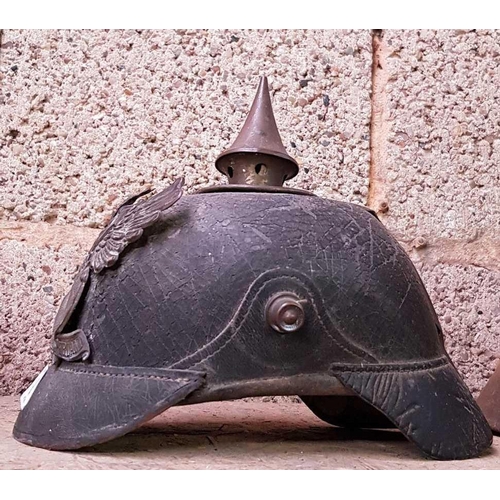 8 - GERMAN WWI PRUSSIAN M1915 PICKLHAUBE HELMET WITH BRASS PLATE FOR RESTORATION