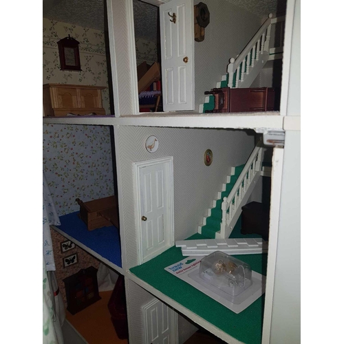 86 - OFF WHITE PAINTED 4 STOREY DOLLS HOUSE COMPLETE WITH MISC FURNITURE & ELECTRIC LIGHTING, 32'' WIDE X... 