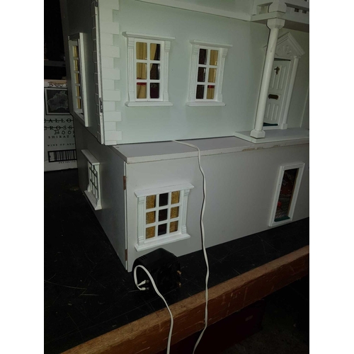 86 - OFF WHITE PAINTED 4 STOREY DOLLS HOUSE COMPLETE WITH MISC FURNITURE & ELECTRIC LIGHTING, 32'' WIDE X... 