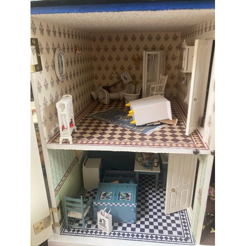 87 - PINK & WHITE PAINTED DOLLS HOUSE COMPLETE WITH MISC FURNITURE & ELECTRIC LIGHTING, 31'' WIDE X 26'' ... 