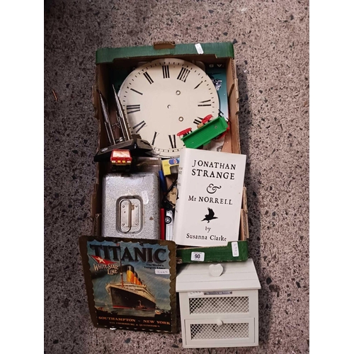 90 - CARTON OF BRIC-A-BRAC INCL; A SLATE CASH BOX, MODEL TOYS, CLOCK FACES ETC