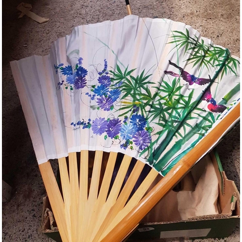 93 - CARTON WITH MISC PARASOLS & A LARGE FAN