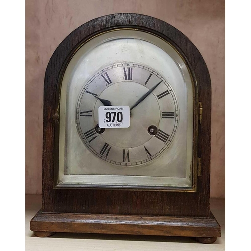 970 - WOODEN DOMED SILVER DIAL MANTLE PIECE CLOCK