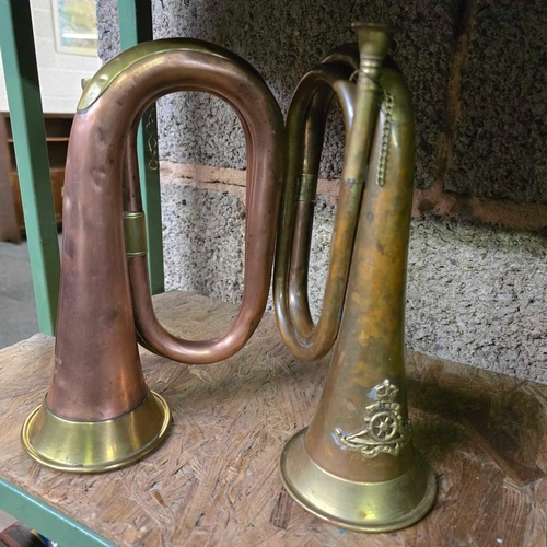 11 - 2 BRASS & COPPER BUGLE'S, 1 BY HENRY POTTER, MISSING MOUTH PIECE & 1 WITH  MOUNTED ROYAL ARTILLERY B... 