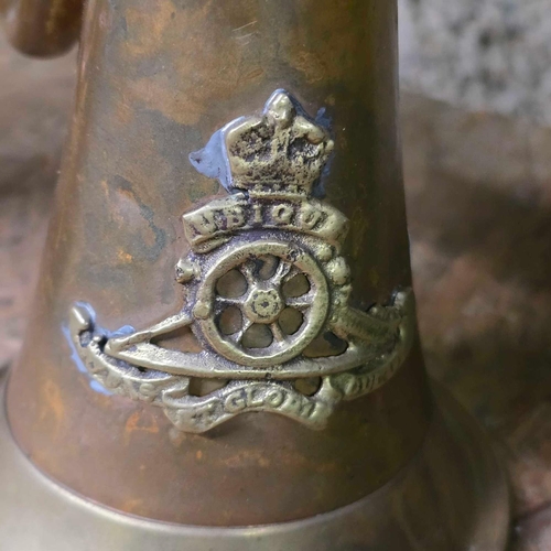 11 - 2 BRASS & COPPER BUGLE'S, 1 BY HENRY POTTER, MISSING MOUTH PIECE & 1 WITH  MOUNTED ROYAL ARTILLERY B... 