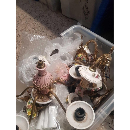 111 - 3 CARTONS OF FLORAL CHINA & BRASS WALL SCONCES, MISC CANDLE TUBES & OTHER PARTS