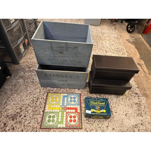 18 - 2 WOODEN CRATES WITH 2 CD HOLDERS & A TRIVIA PURSUIT BOARD GAME