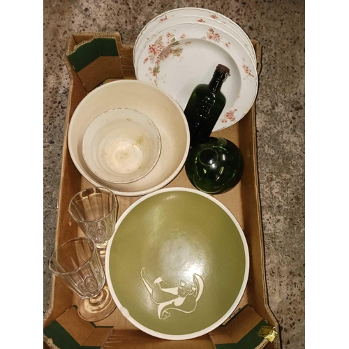 209 - 2 CARTONS WITH MISC GLASSWARE, CORNISH MIXING BOWLS, BRASS FRAMED EASEL, TABLE MIRROR, 2 GLASS DWARF... 