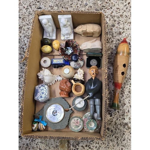 24 - CARTON OF MISC CHINAWARE, SEA SHELLS, BAROMETER & FIGURE OF A MAN PLAYING GOLF