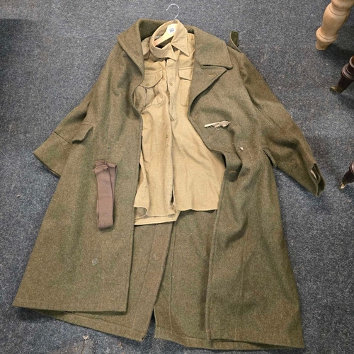 263 - MILITARY KHAKI OVERCOAT, SHIRT & TIE, COAT WITH NO BUTTONS