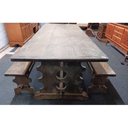 297 - ANTIQUE ELM TABLE & MATCHING BENCHES, 7ft 5'' LONG X 3ft (NO BOLTS)