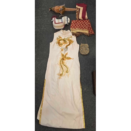 31 - CARTON WITH FABRIC PHEASANT, COCKEREL DOOR STOP, WHITE DRESS WITH GOLD SEQUINS & A SEQUINNED PURSE