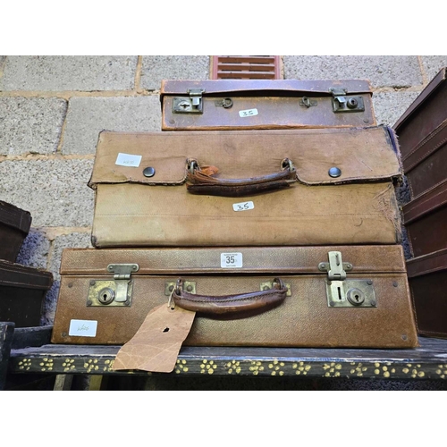 35 - 3 LEATHER SUITCASES, 1 WITH CANVAS COVER