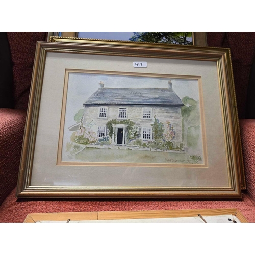 417 - 3 FRAMED OIL PAINTINGS & 2 F/G WATERCOLOURS, 1 OF A COTTAGE & 1 OF A BRIDGE OVER  STREAM