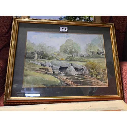 417 - 3 FRAMED OIL PAINTINGS & 2 F/G WATERCOLOURS, 1 OF A COTTAGE & 1 OF A BRIDGE OVER  STREAM