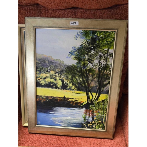 417 - 3 FRAMED OIL PAINTINGS & 2 F/G WATERCOLOURS, 1 OF A COTTAGE & 1 OF A BRIDGE OVER  STREAM