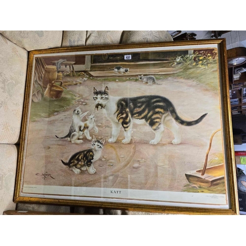 432 - F/G CAT PICTURE WITH KITTENS, AN OIL PAINTING BY T MORRIS '71 OF A VILLAGE SCENE & A F/G SCULLERY SC... 