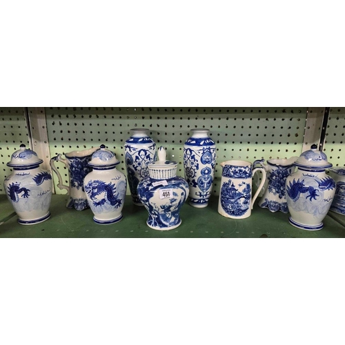 451 - SHELF OF BLUE & WHITE VASES, JUGS ETC