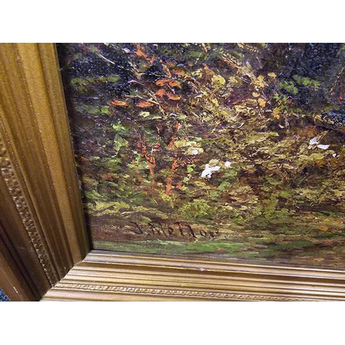 497 - GILT FRAMED OIL PAINTING OF CHILDREN  IN A WOODLAND SCENE A/F & A GILT F/G WATERCOLOUR OF A THATCHED... 